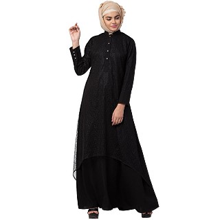 Double layered abaya with cuff sleeves- Black